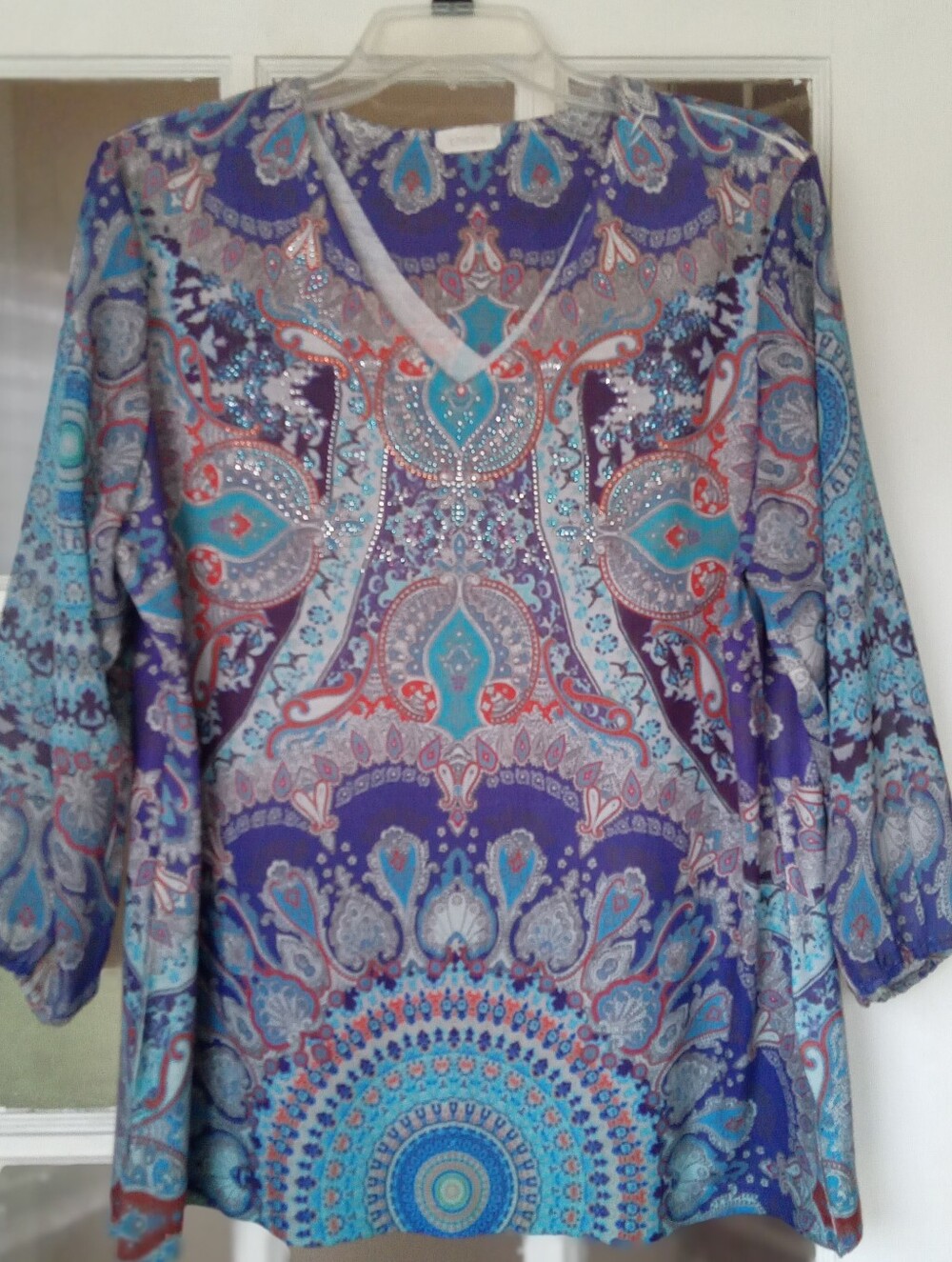 Chicos Size 2 Large Purple Blue Paisley Mandala Tunic Top Sheer Sleeve Boho L